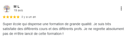 Super école qui dispense une formation de grande qualité. Je suis très satisfaite des différents cours et des différents profs. Je ne regrette absolument pas de m'être lancé de cette formation !