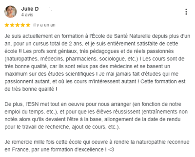 Je suis entièrement satisfaite de cette école !! Les profs sont géniaux, très pédagogues et de réels passionnés (naturopathes, médecins, pharmaciens, sociologue, etc.) !