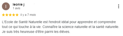 L'Ecole de Santé Naturelle est l'endroit idéal pour apprendre et comprendre tout ce qui touche à la vie. Connaître la science naturelle et la santé naturelle. Je suis très heureuse d'être parmi les élèves.