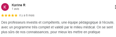 Des professeurs investis et compétents, une équipe pédagogique à l’écoute, avec un programme très complet et validé par le milieu médical. On se sent plus sûrs de nos connaissances, pour mieux les mettre en pratique
