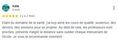 Etant du domaine de la santé, j'ai beaucoup aimé les cours de qualité, soutenus, des devoirs, des sessions pour se projeter