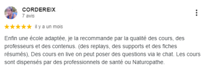 Enfin une école adaptée, je la recommande par la qualité des cours, des professeurs et des contenus. (des replays, des supports et des fiches résumés)