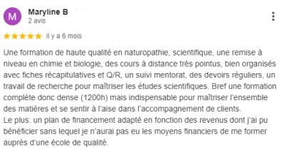 Une formation de haute qualité en naturopathie, scientifique, une remise à niveau en chimie et biologie, des cours à distance très pointus, bien organisés avec fiches récapitulatives et Q/R, un suivi mentorat