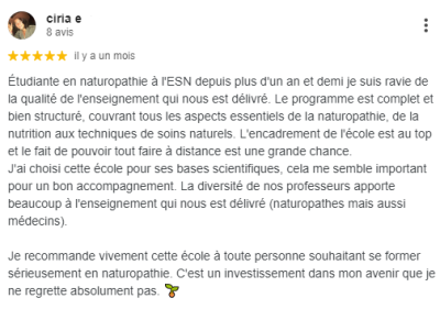 Étudiante en naturopathie à l'ESN depuis plus d'un an et demi je suis ravie de la qualité de l'enseignement qui nous est délivré