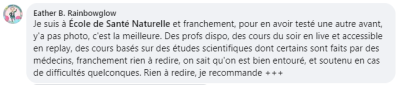 Des profs dispo, des cours du soir en live et accessible en replay, des cours basés sur des études scientifiques dont certains sont faits par des médecins, franchement rien à redire, on sait qu'on est bien entouré, et soutenu