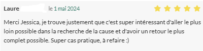 Merci Jessica, je trouve justement que c'est super intéressant d'aller le plus loin possible dans la recherche de la cause et d'avoir un retour le plus complet possible. Super cas pratique, à refaire :)