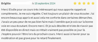 Merci Elodie pour ce cours très interessant qui nous apporte rappels et compléments. Je me suis régalée. C'est toujours un plaisir de vous écouter
