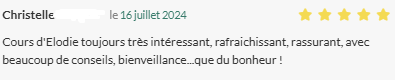 Cours d'Elodie toujours très intéressant, rafraichissant et rassurant, avec beaucoup de conseils, bienveillance...que du bonheur !