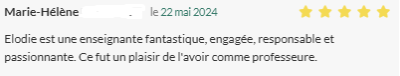 Elodie est une enseignante fantastique, engagée, responsable et passionnante. Ce fût un plaisir de l'avoir comme professeure