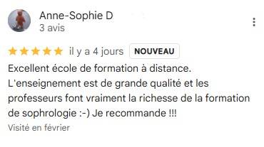 Excellent école de formation à distance. L'enseignement est de grande qualité et les professeurs font vraiment la richesse de la formation de sophrologie :-) Je recommande !!!