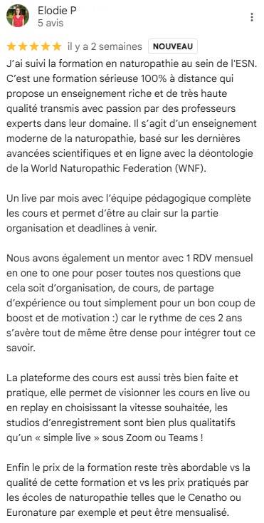 J’ai suivi la formation en naturopathie au sein de l'ESN. C’est une formation sérieuse 100% à distance qui propose un enseignement riche et de très haute qualité transmis avec passion par des professeurs experts dans leur domaine !
