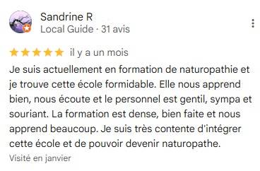 Je suis actuellement en formation de naturopathie et je trouve cette école formidable. Elle nous apprend bien, nous écoute et le personnel est gentil, sympa et souriant. La formation est dense, bien faite et nous apprend beaucoup. Je suis très contente !