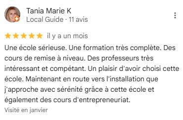 Une école sérieuse. Une formation très complète. Des cours de remise à niveau. Des professeurs très intéressant et compétant. Un plaisir d'avoir choisi cette école. Maintenant en route vers l'installation que j'approche avec sérénité grâce à cette école !