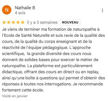 Je viens de terminer ma formation de naturopathe à l'Ecole de Santé Naturelle et suis ravie de la qualité des cours, de la qualité du corps enseignant et de la réactivité de l'équipe pédagogique !